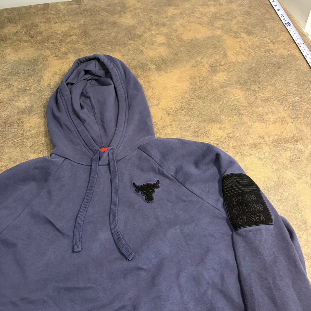 Under Armour Project Rock Hoodie Mens Small Blue Brahma Bull By Air Land Sea